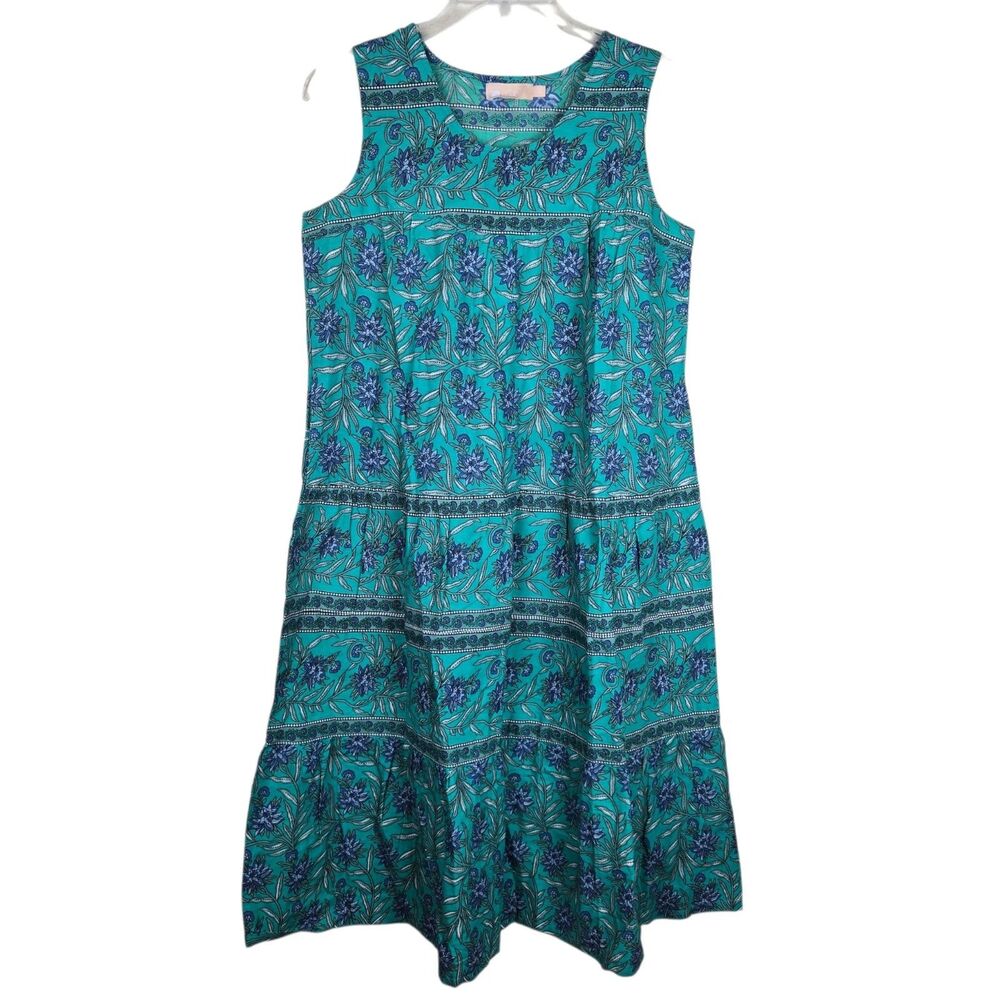 LA Cera Midi Dress Sz S Sleeveless Tiered Blue Green Floral Coastal Resort